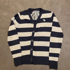 Vintage Y2K Abercrombie & Fitch Mens Small Grey Striped Cardigan Sweater